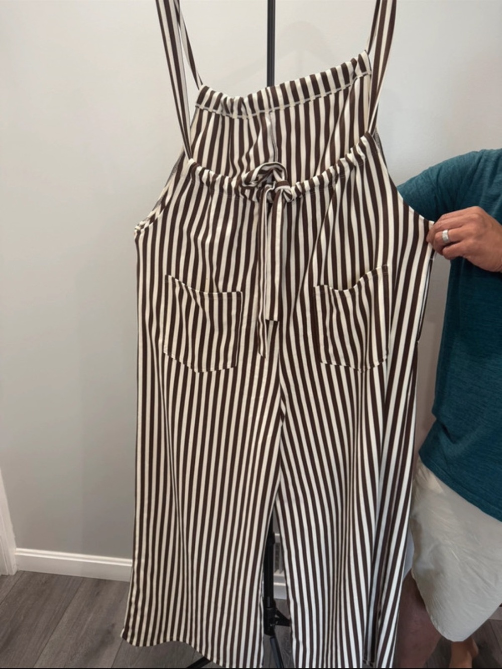 HALARA Brown & White Striped Waffle Knit Wide-Leg Jumpsuit